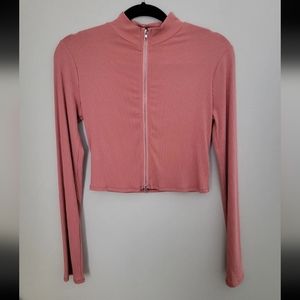 Doll's Kill Blush Pink Long Sleeve Mock Neck Double Zip Up Crop Top - Size Large